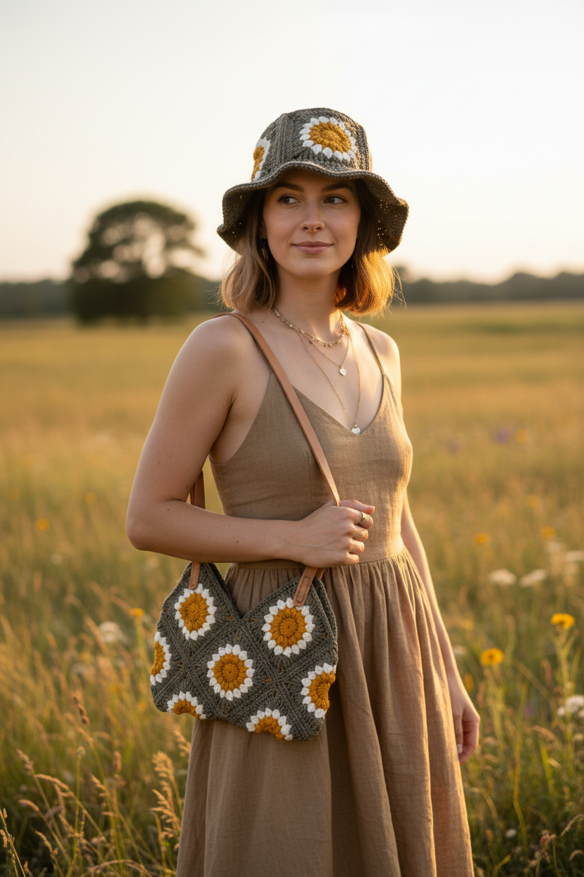 Crochet Hat & Bag on Female Model