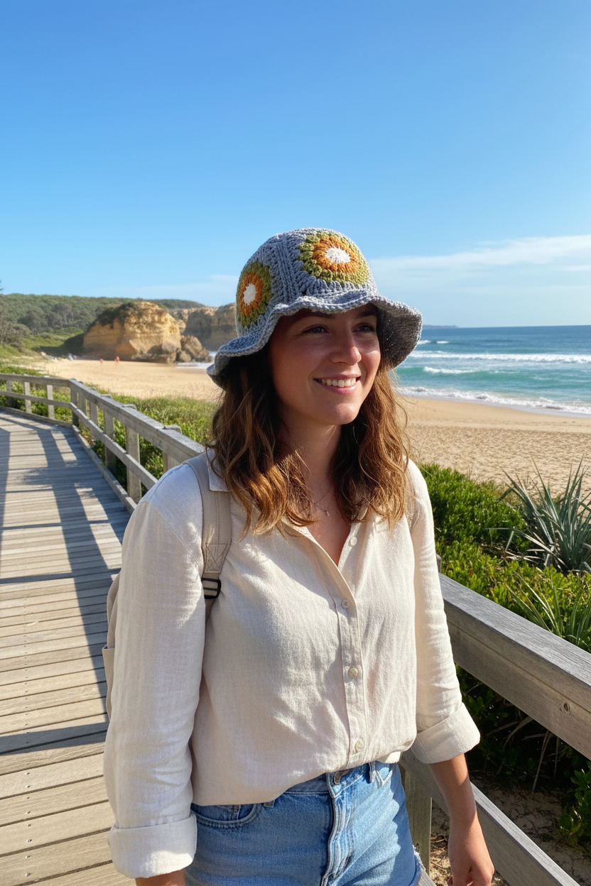 Grey Crochet Hat on Person