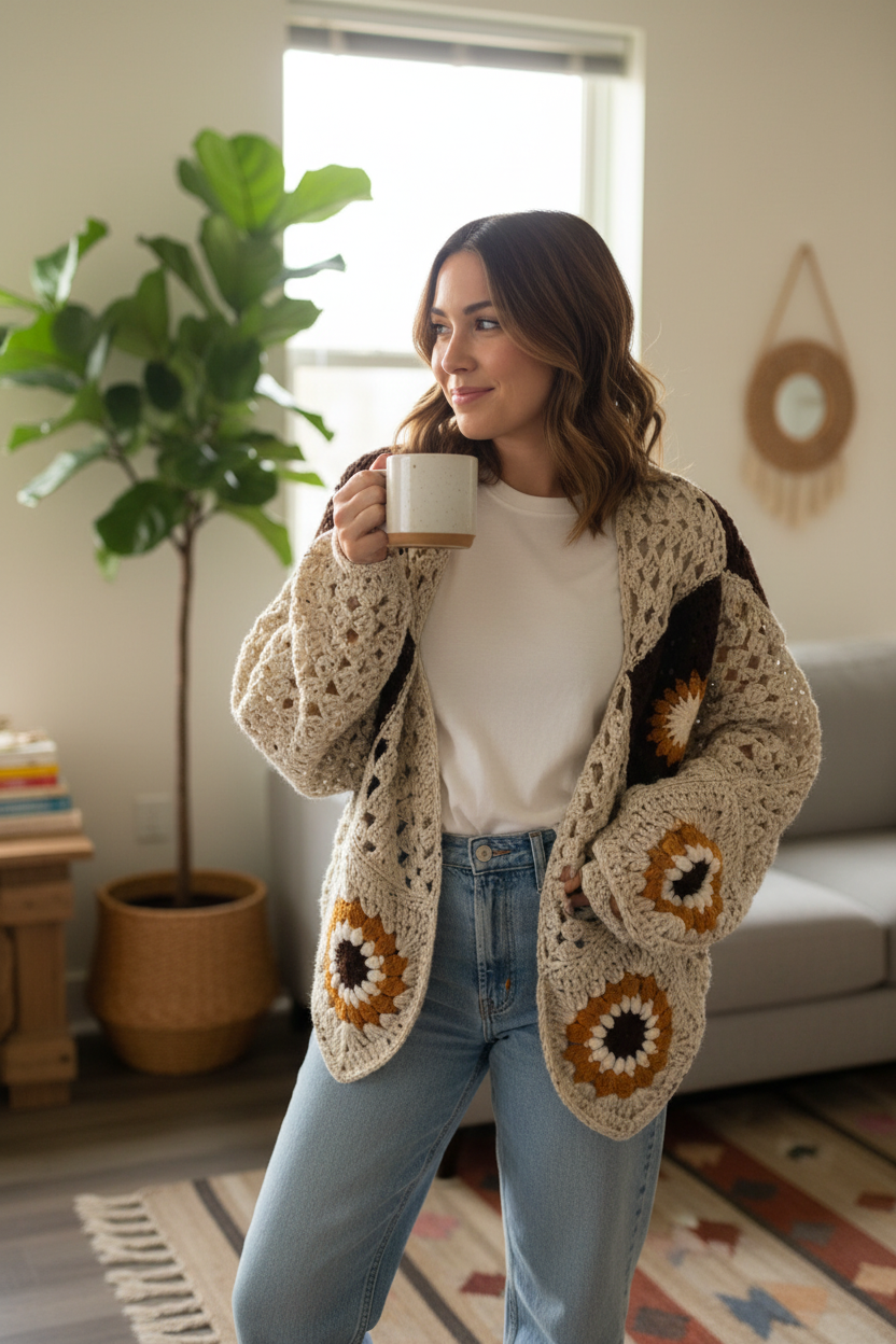 Handcrafted Crochet Cardigan on Model