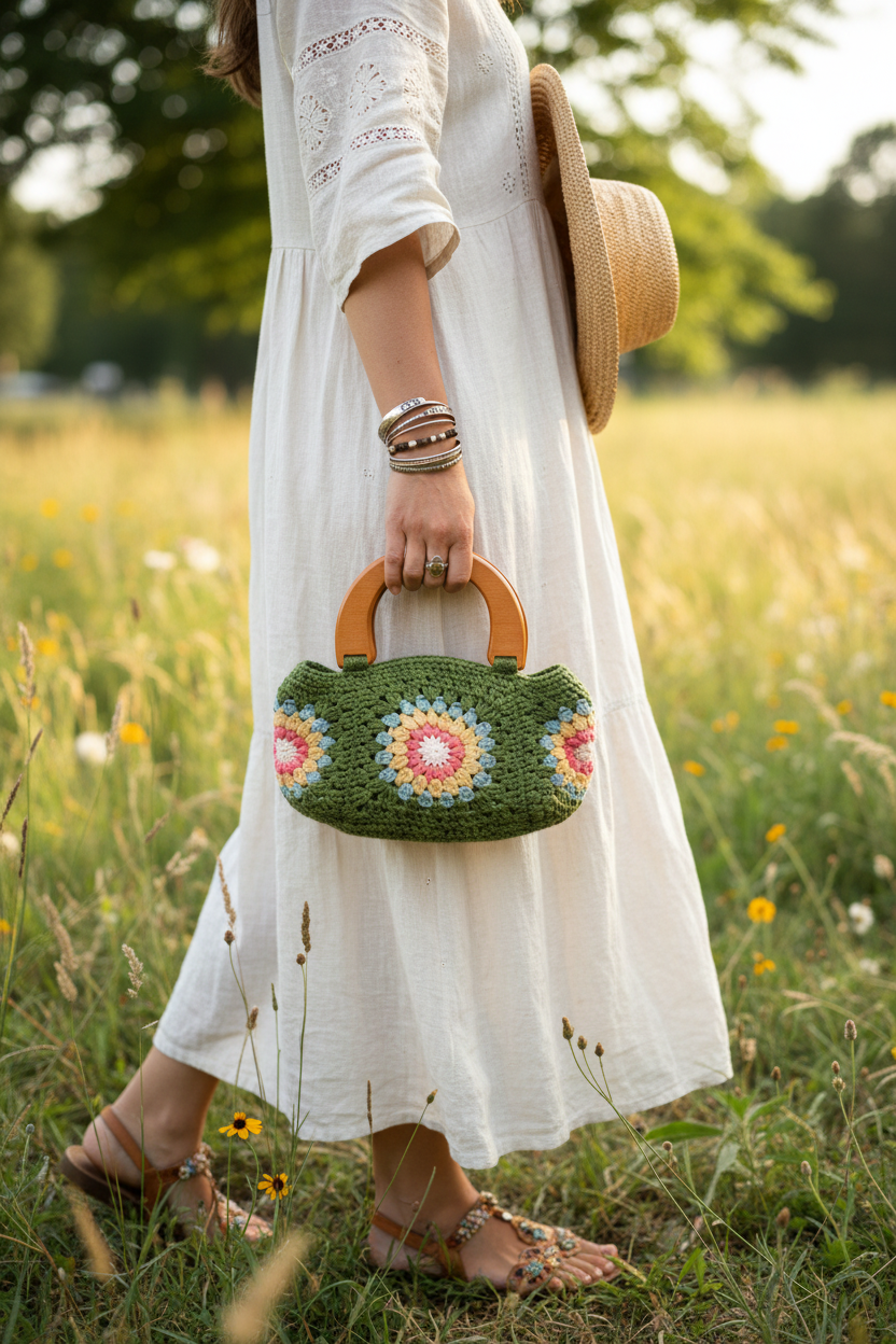 Person carrying a handmade sage green crochet granny square handbag with wooden handle
