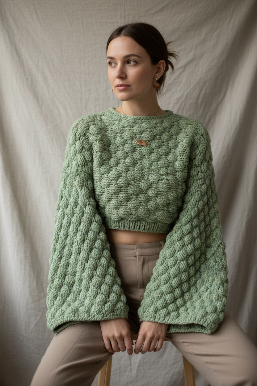 Sage Green Flat Wide Sleeve Sweater on Person