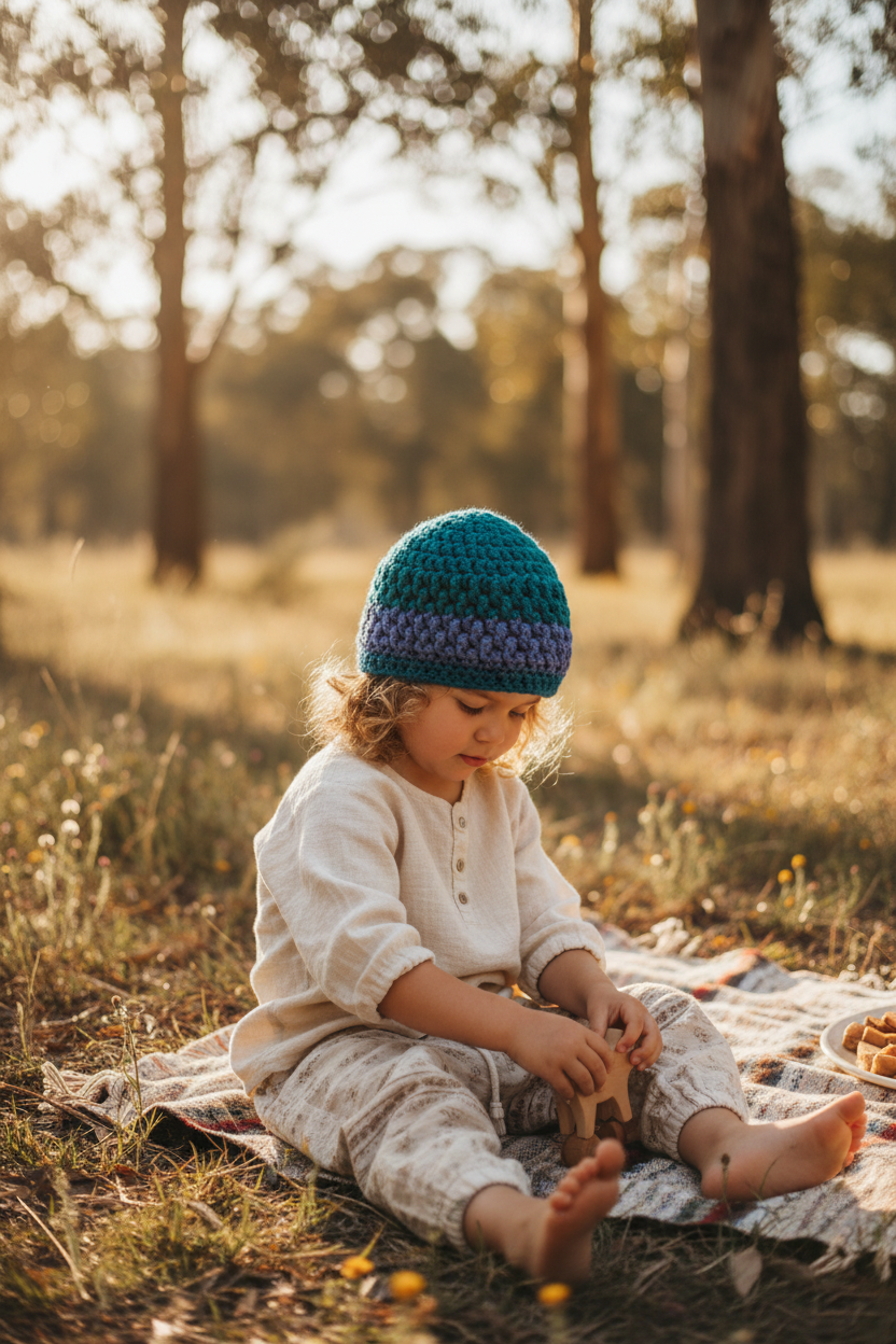 Teal & Purple Crochet Hat on Child