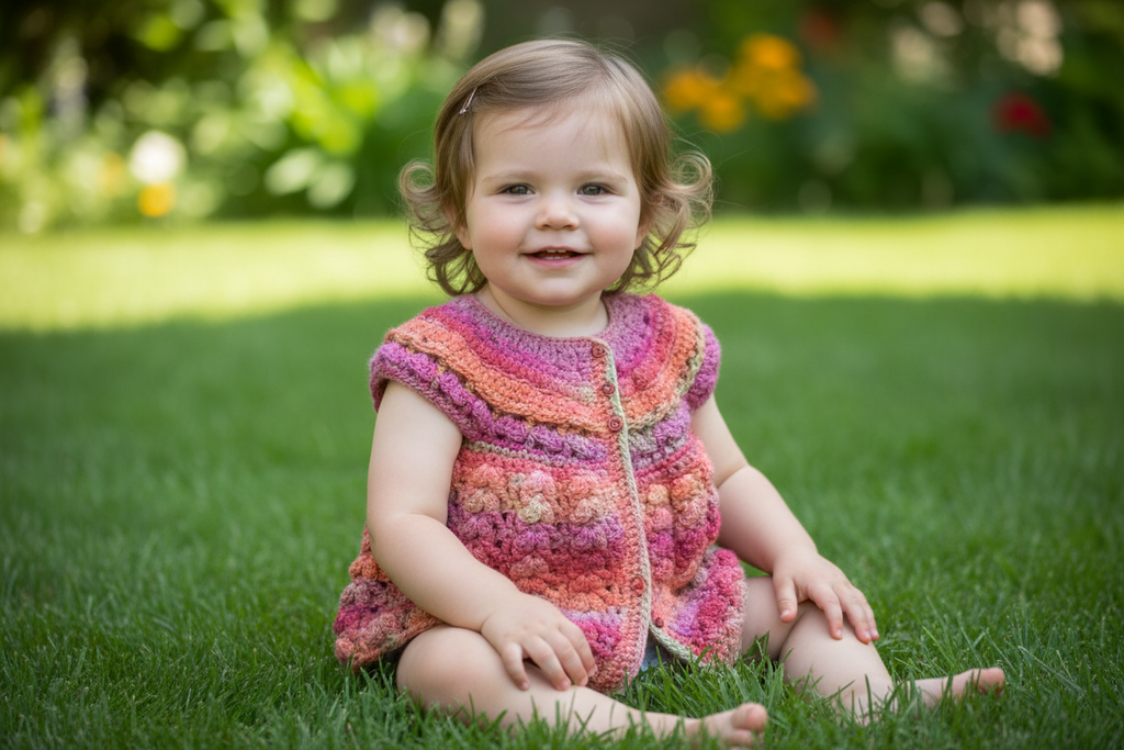 Toddler in cap sleeve crochet cardigan